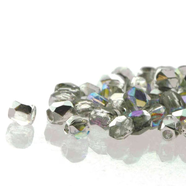True2 Fire Polish 2mm Round Bead - FPR0200030-98530-56 - Crystal Silver Rainbow - 50 Bead Package