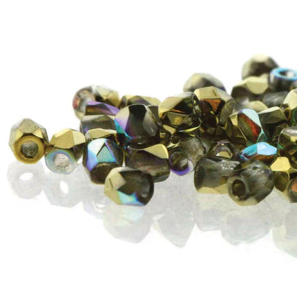 True2 Fire Polish 2mm Round Bead - FPR0200030-98536-46 - Crystal Gold Rainbow - 50 Gram Package
