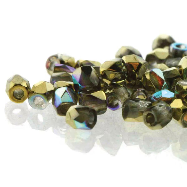 True2 Fire Polish 2mm Round Bead - FPR0200030-98536-46 - Crystal Gold Rainbow - 50 Bead Package