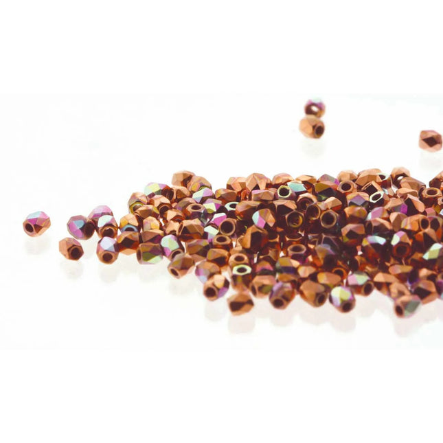 True2 Fire Polish 2mm Round Bead - FPR0200030-CPAB-42 - Crystal Copper Plated AB - 50 Bead Package