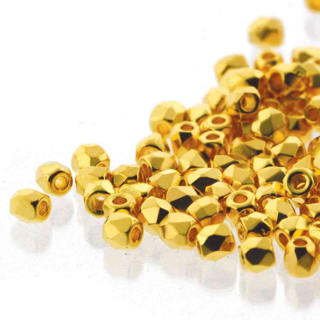True2 Fire Polish 2mm Round Bead - FPR0200030-GP-28 - Crystal 24kt Gold Plated - 50 Bead Package