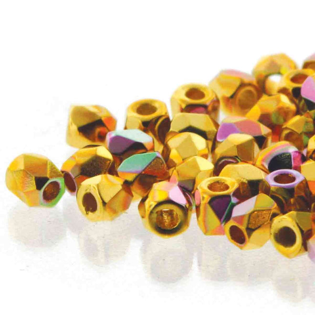 True2 Fire Polish 2mm Round Bead - FPR0200030-GPAB-29 - Crystal 24kt Gold Plated AB - 50 Bead Package