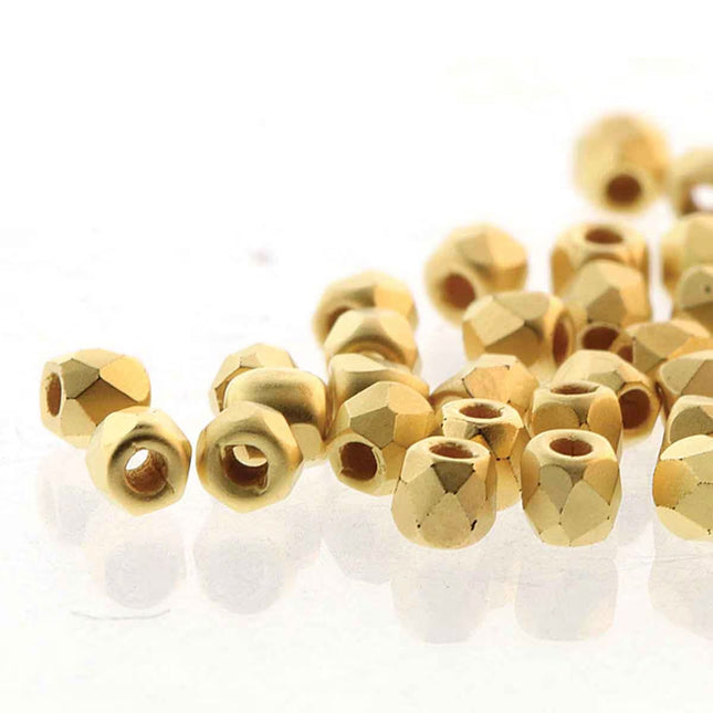 True2 Fire Polish 2mm Round Bead - FPR0200030-GPM-26 - Crystal 24kt Brush Gold Plated - 50 Bead Package