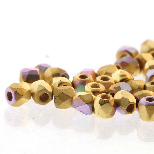 True2 Fire Polish 2mm Round Bead - FPR0200030-GPMAB-27 - Crystal 24kt Brush Gold Plated AB - 50 Bead Package
