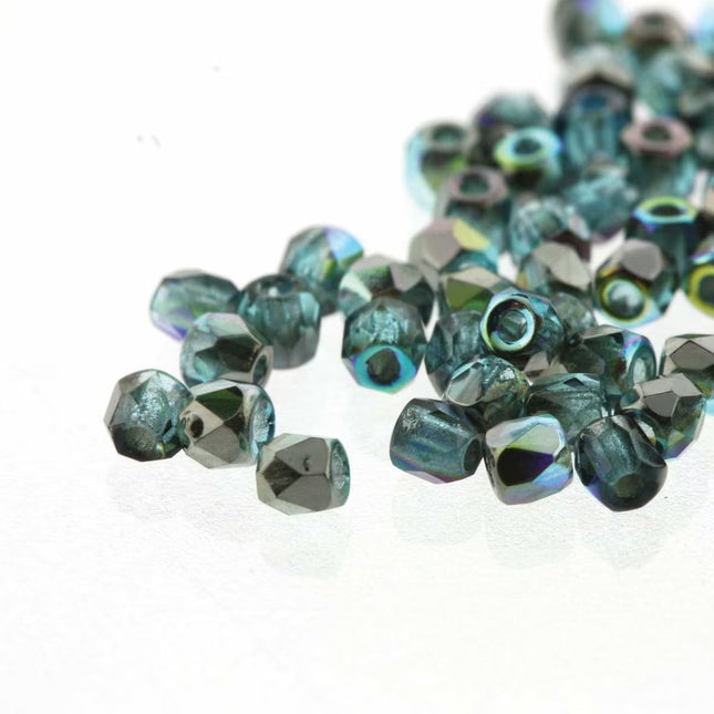 True2 Fire Polish 2mm Round Bead - FPR0260020-98537-6 - Aqua Graphite Rainbow - 50 Bead Package