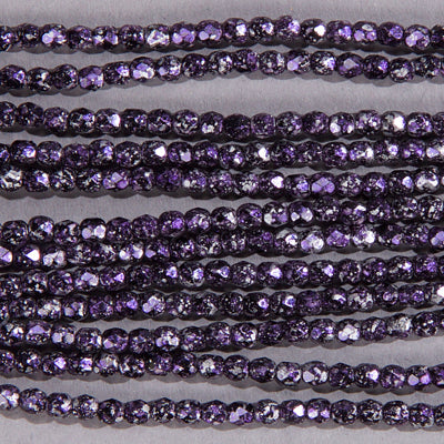 3mm Fire Polish Round - FPR03-0149- Black Speckled Metallic Silver and Purple - 50 Bead Package