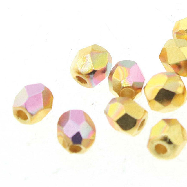 3mm Fire Polish Round - FPR03-30-GPAB-79 - Gold Plate AB - 50 Bead Package